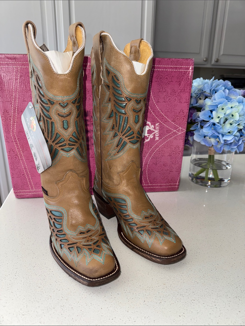 Women's Reyme, “Crazy Thang” Tan Western Embroidered Cowboy Boots - Teal Accents